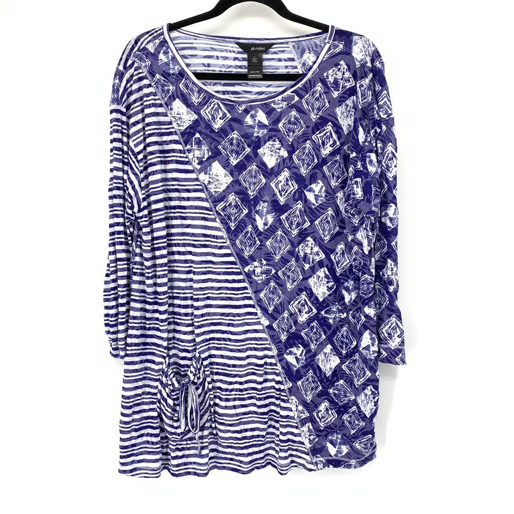 Ali Miles 3/4 Sleeve Rounded Neck Asymmetric Top Blue White Stripe Abstract Sz L